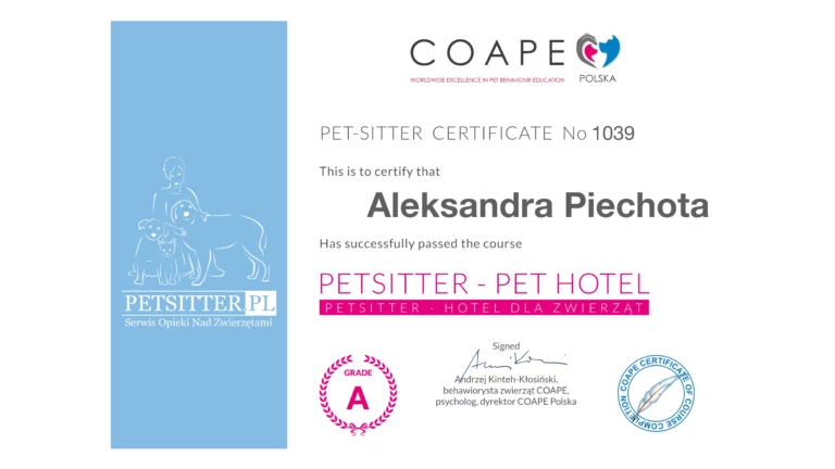 Certyfikat ukończenia kursu COAPE Petsitter Hotel dla zwierząt