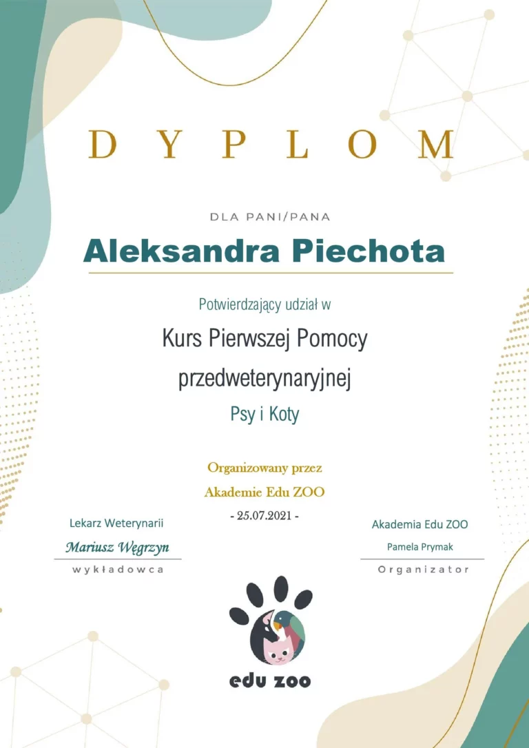 dyplom za udział w kursie pierwszej pomocy przedweterynaryjnej