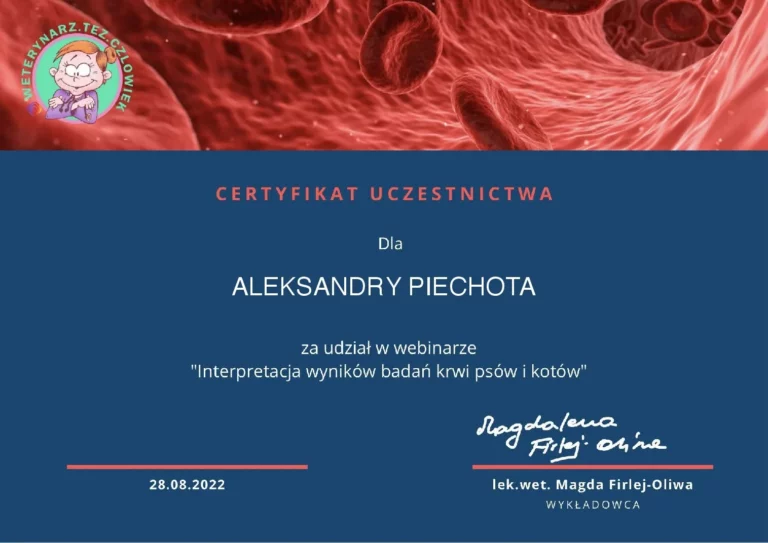 certyfikat uczestnictwa w webinarze Interpretacja wyników badań krwi psów i kotów