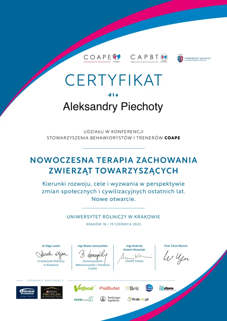 certyfikat za udział w konferencji Nowoczesna terapia zachowania zwierząt towarzyszących