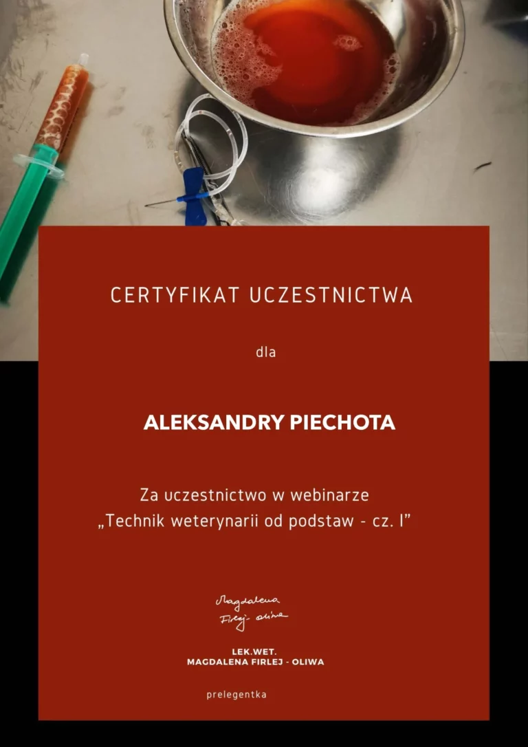 certyfikat uczestnictwa w webinarze Technik weterynarii od podstaw