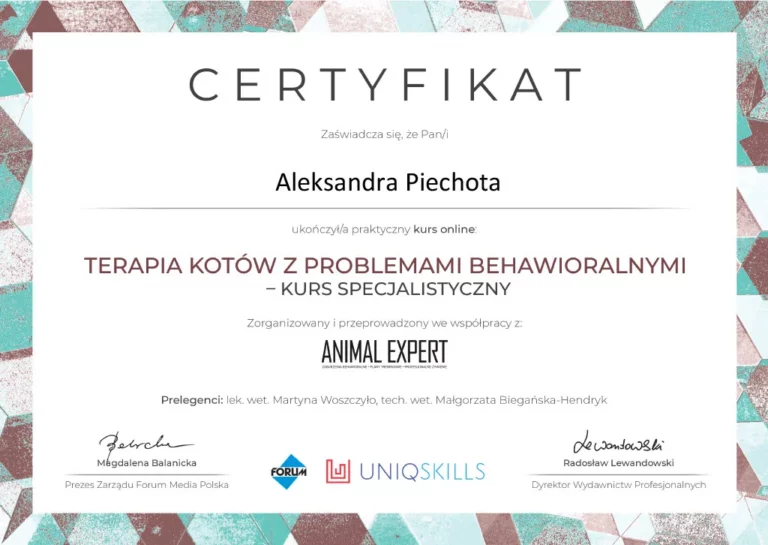 certyfikat ukończenia kursu Terapia kotów z problemami behawioralnymi - kurs specjalistyczny