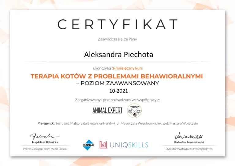 certyfikat ukończenia kursu Terapia kotów z problemami behawioralnymi - poziom zaawansowany