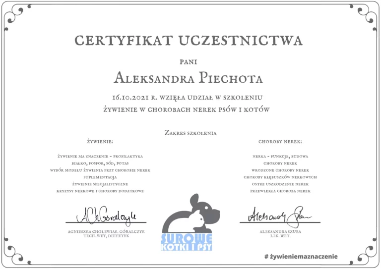 certyfikat uczestnictwa w szkoleniu Żywienie w chorobach nerek psów i kotów